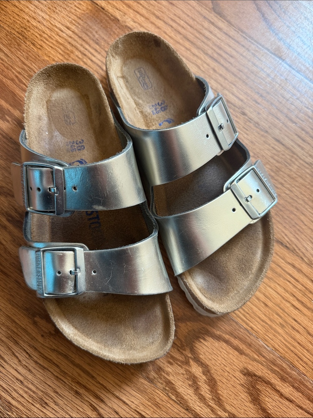 Birkenstock Metallic Silver Double-Buckle Slide Sandals